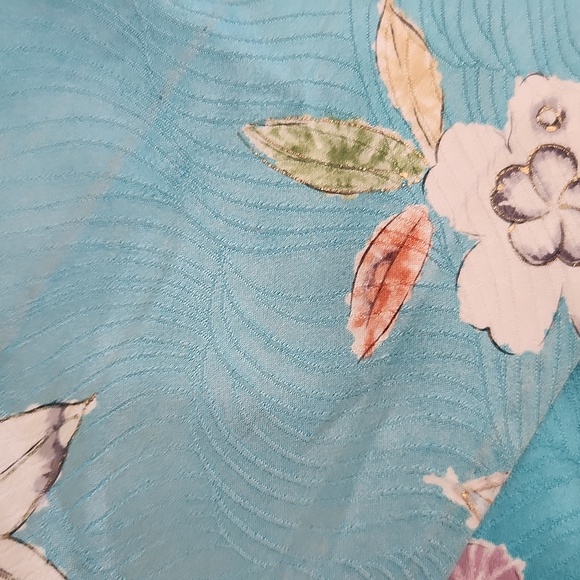 Vintage Japanese Kimono Turquoise Botanical Leaves Blue - Picture 8 of 11